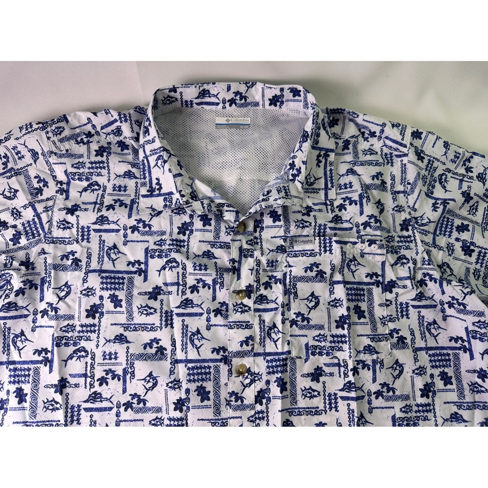 Columbia PFG Performance Fishing Gear Men's 1X Blue White Fish AOP S/S Shirt